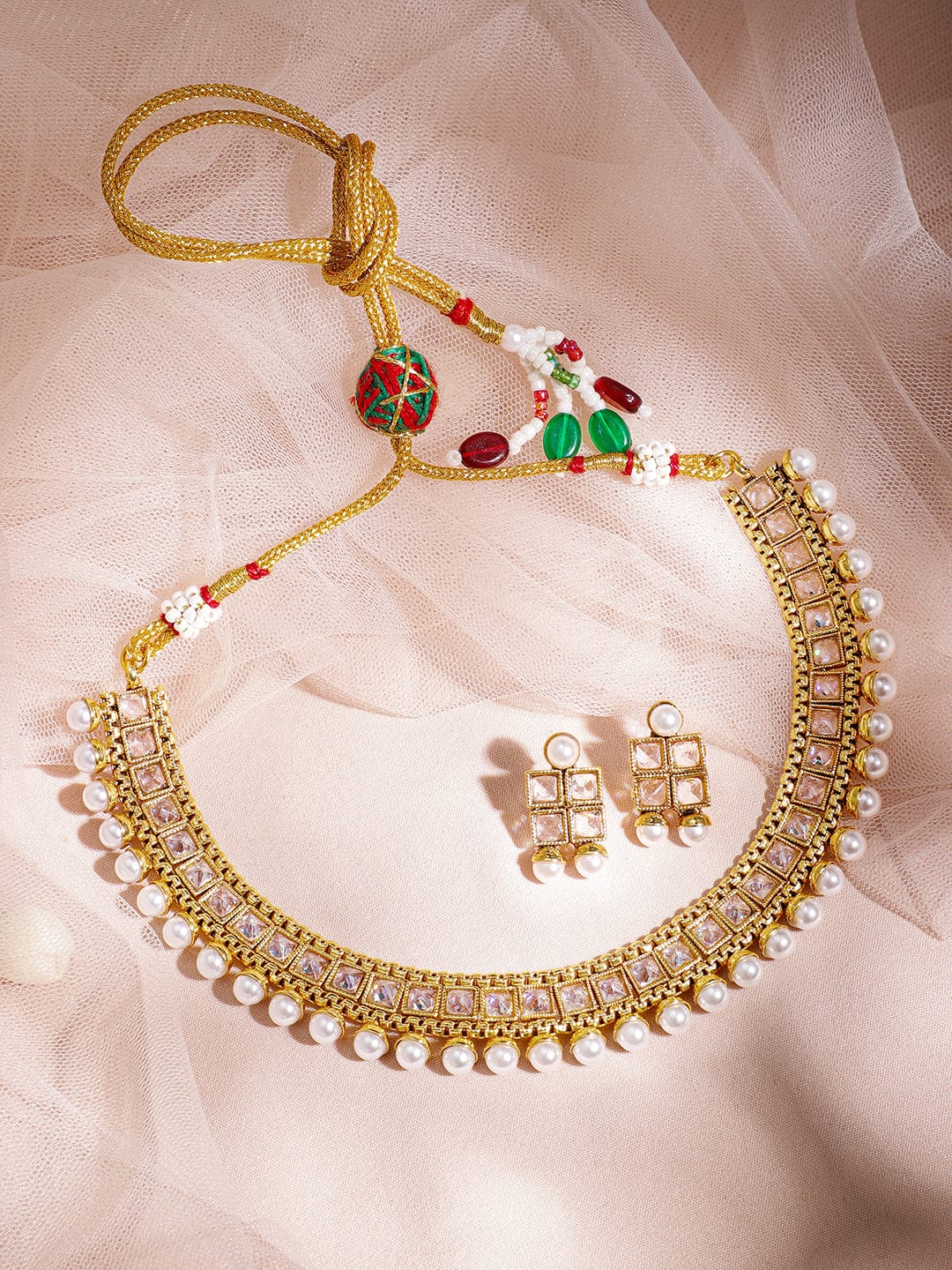 Gold Plated Kundan Stone Studded with White Pearls Necklace Set Jewellery Set