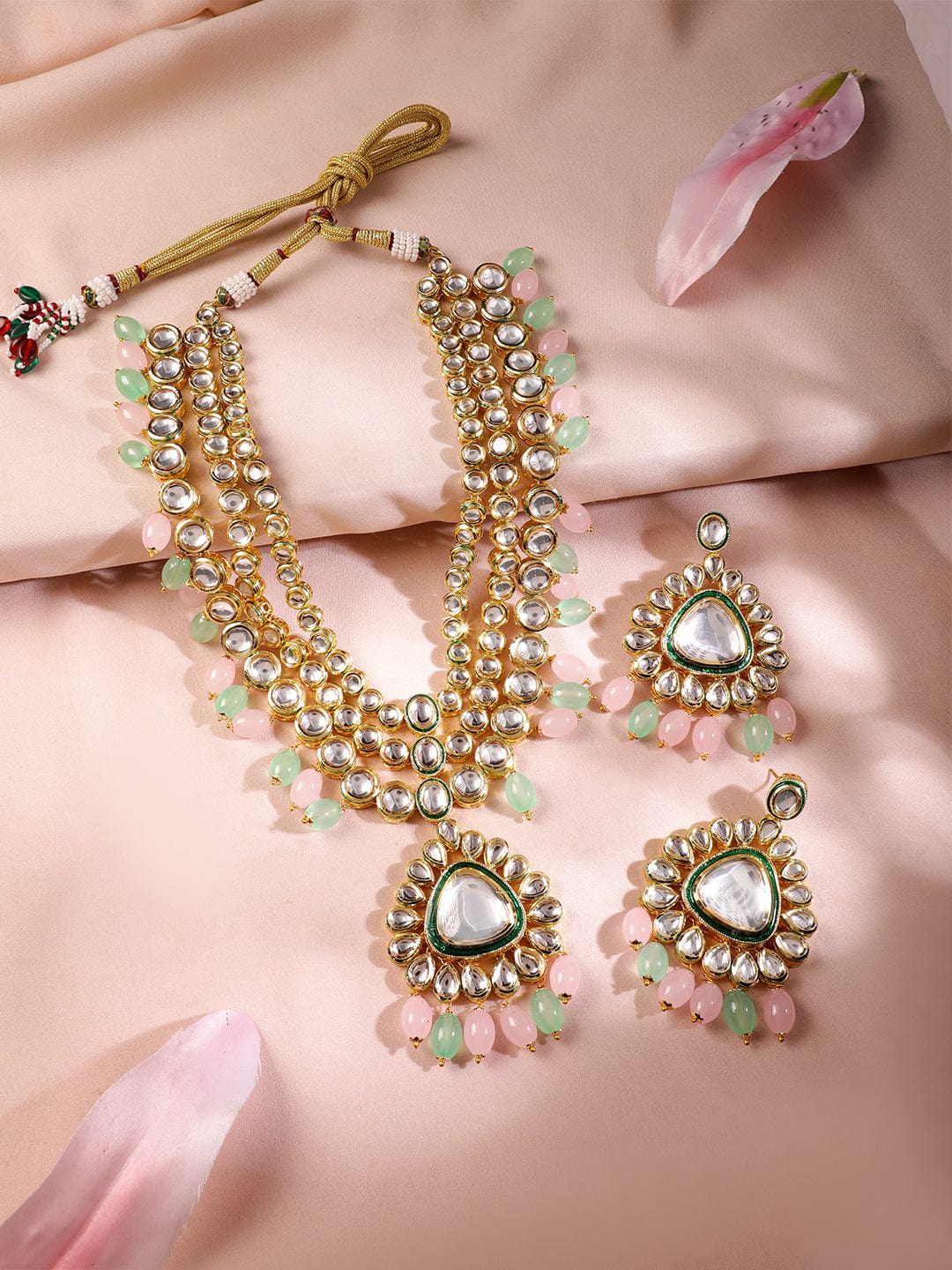 Gold Plated Kundan Studded Green & Pink Beads Layered Necklace Set Necklace and Earrings