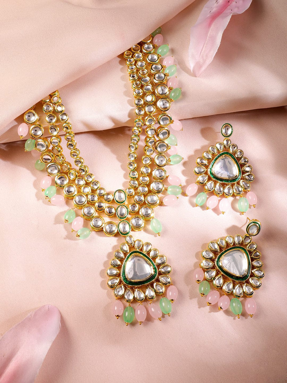 Gold Plated Kundan Studded Green & Pink Beads Layered Necklace Set Necklace and Earrings