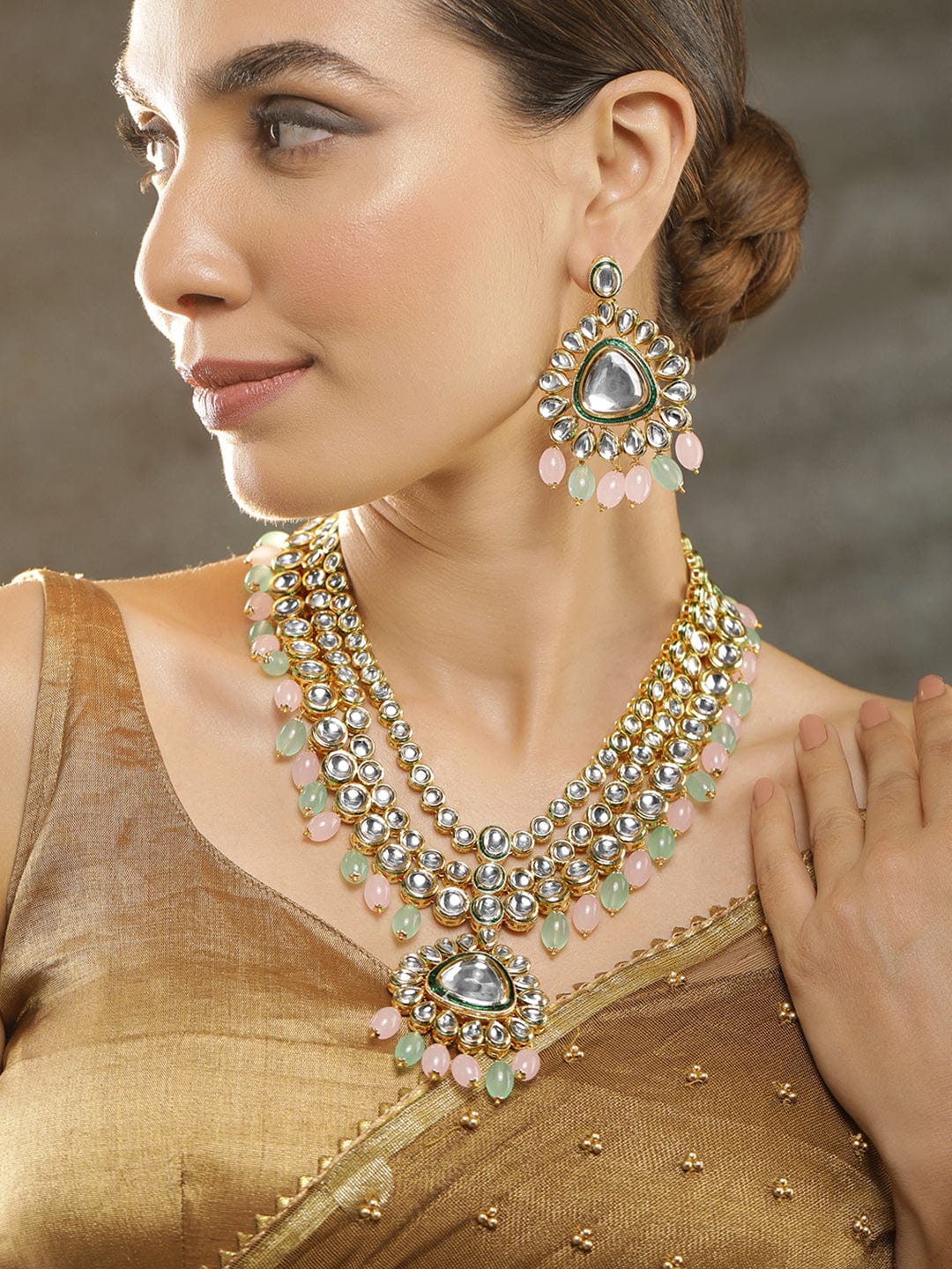 Gold Plated Kundan Studded Green & Pink Beads Layered Necklace Set Necklace and Earrings