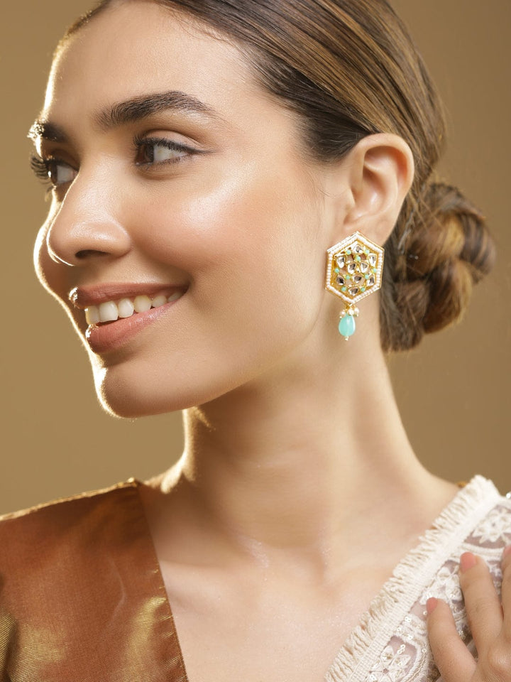 Gold Plated Kundan White & Blue Beads Stud Earrings Stud earrings