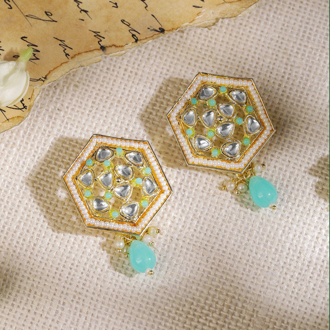 Gold Plated Kundan White & Blue Beads Stud Earrings Stud earrings