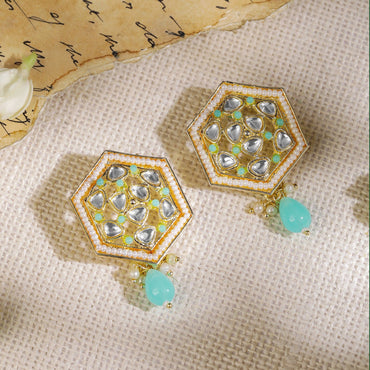 Gold Plated Kundan White & Blue Beads Stud Earrings Stud earrings