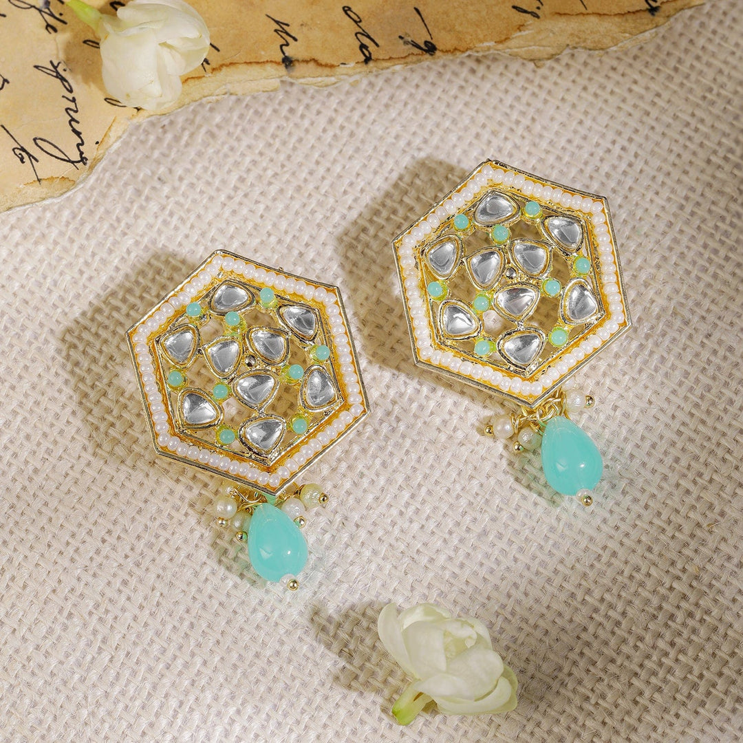 Gold Plated Kundan White & Blue Beads Stud Earrings Stud earrings