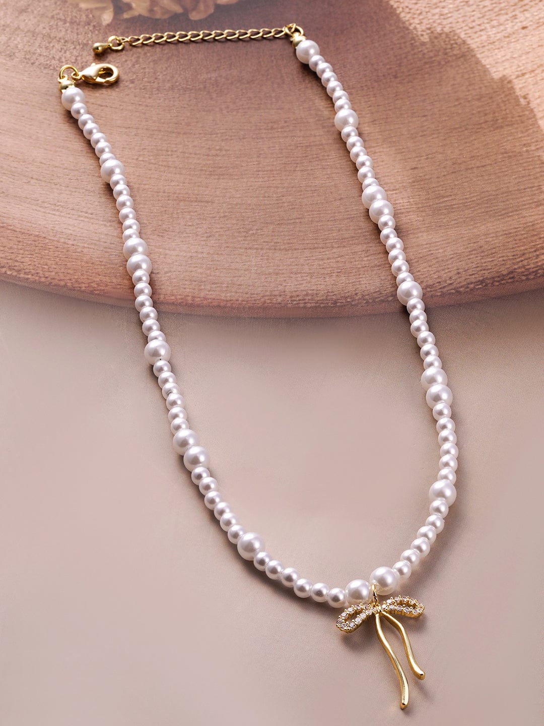 Gold-Plated Pearl Necklace with Bow Pendant Necklace