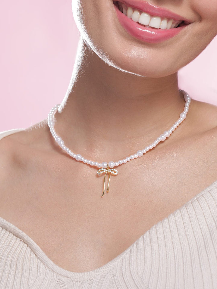 Gold-Plated Pearl Necklace with Bow Pendant Necklace