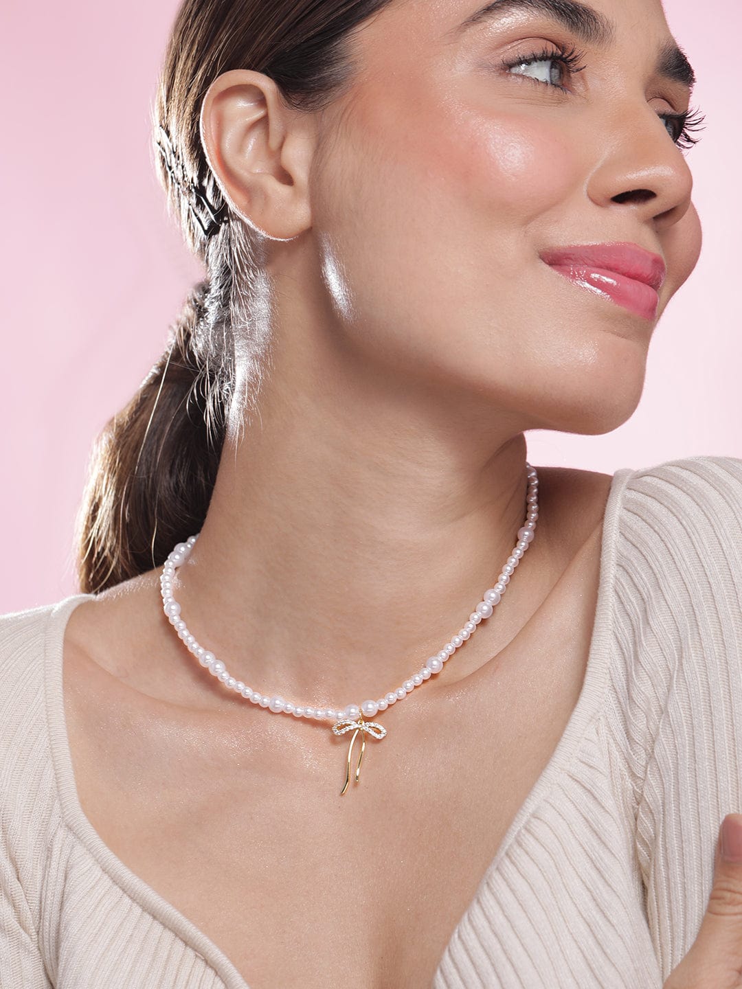 Gold-Plated Pearl Necklace with Bow Pendant Necklace