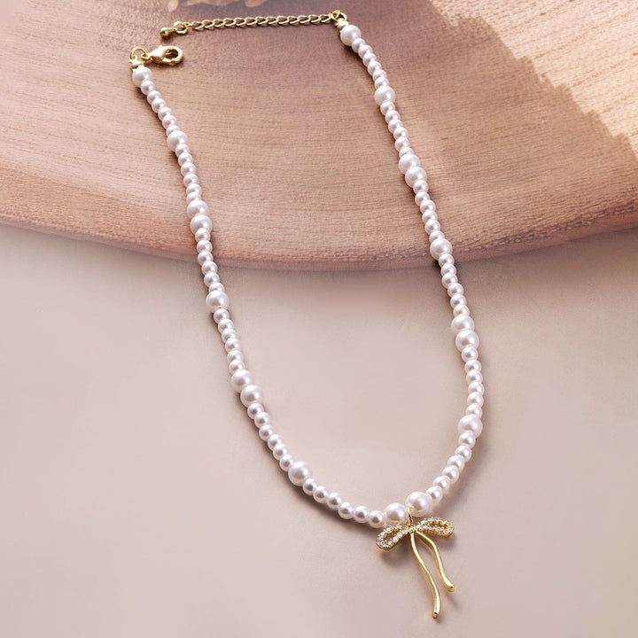 Gold-Plated Pearl Necklace with Bow Pendant Necklace