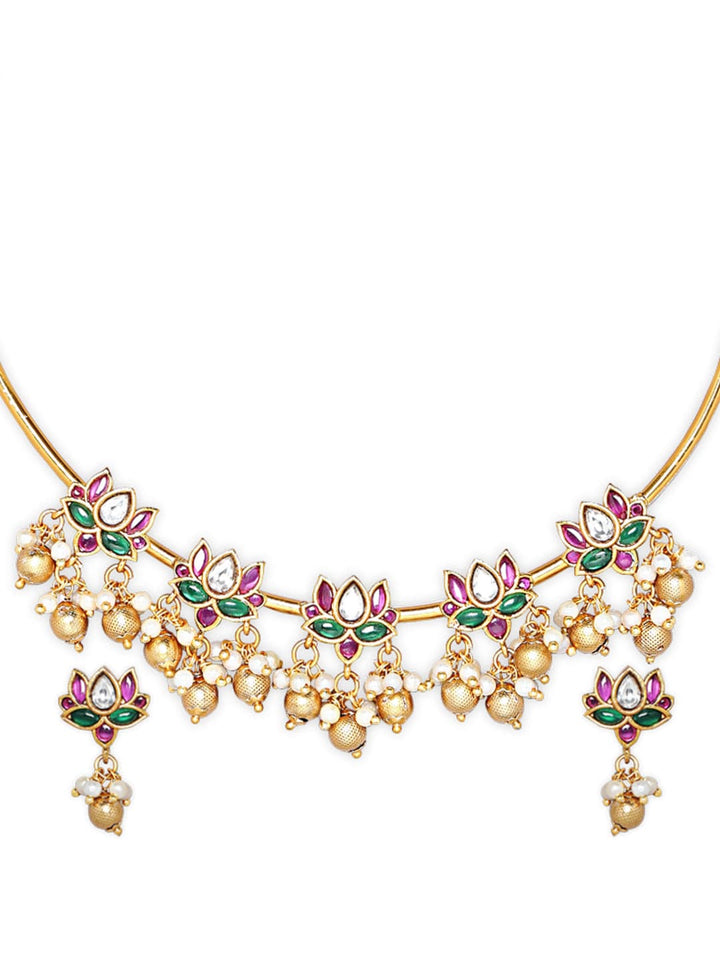 Gold Plated Pink & Red Stone Lotus Flower Necklace Set Jewellery Set