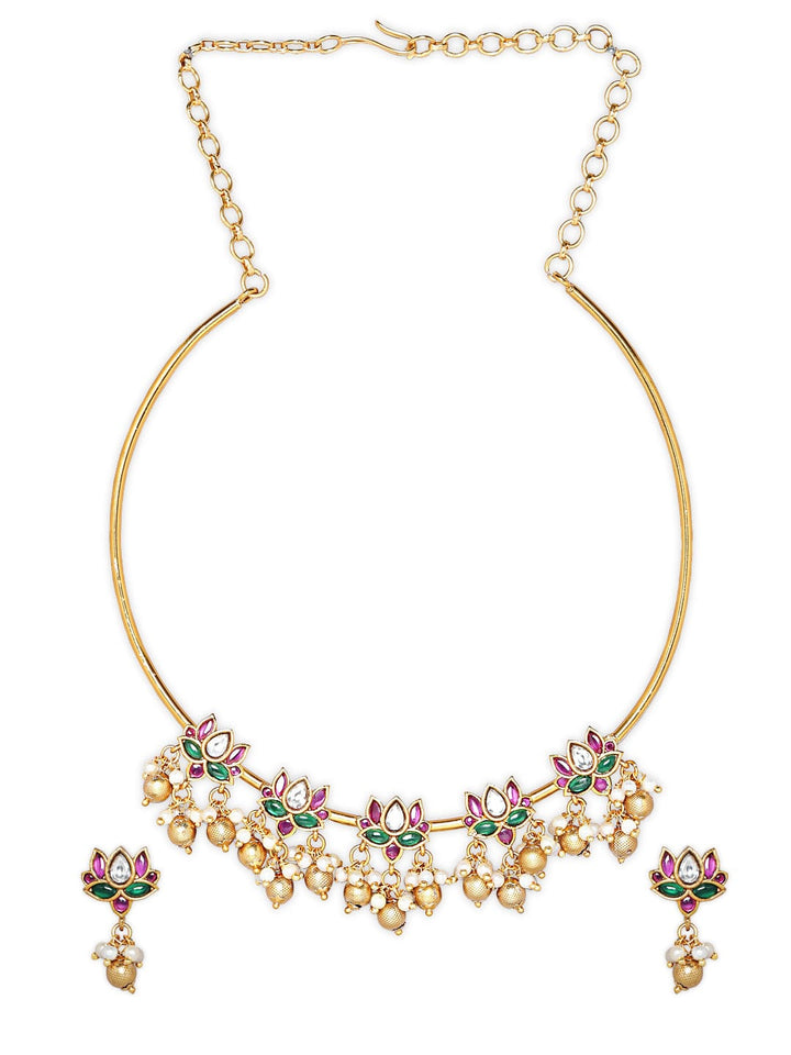 Gold Plated Pink & Red Stone Lotus Flower Necklace Set Jewellery Set