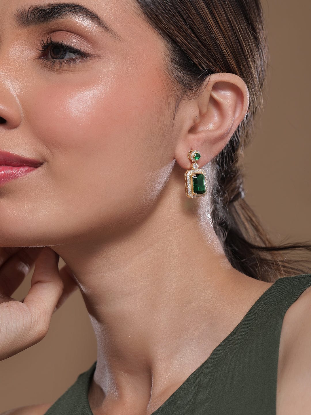 Gold Plated Stainless Steel Tarnish Free Waterproof Emerald Stone Drop Earrings Drop Earrings