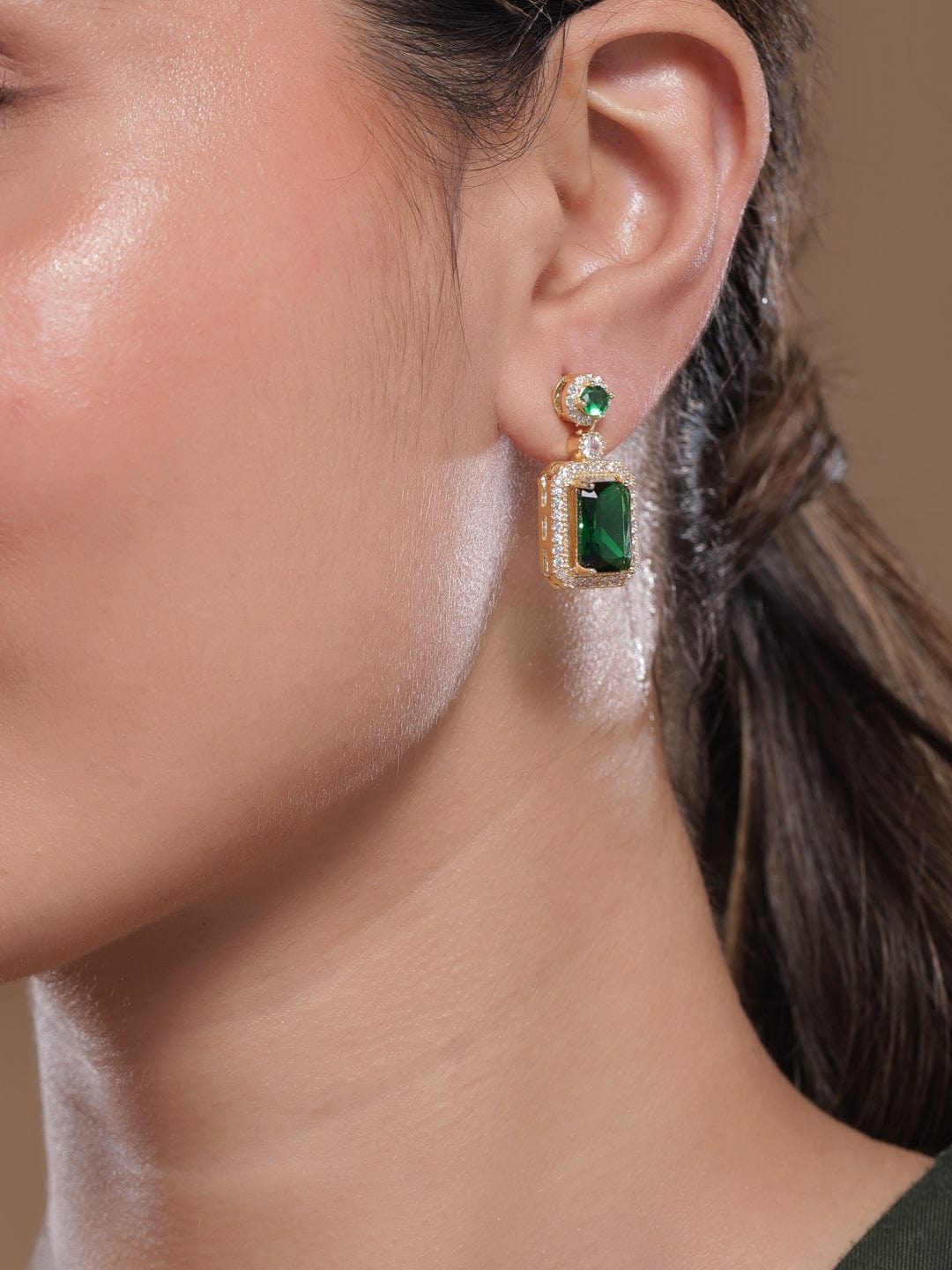 Gold Plated Stainless Steel Tarnish Free Waterproof Emerald Stone Drop Earrings Drop Earrings