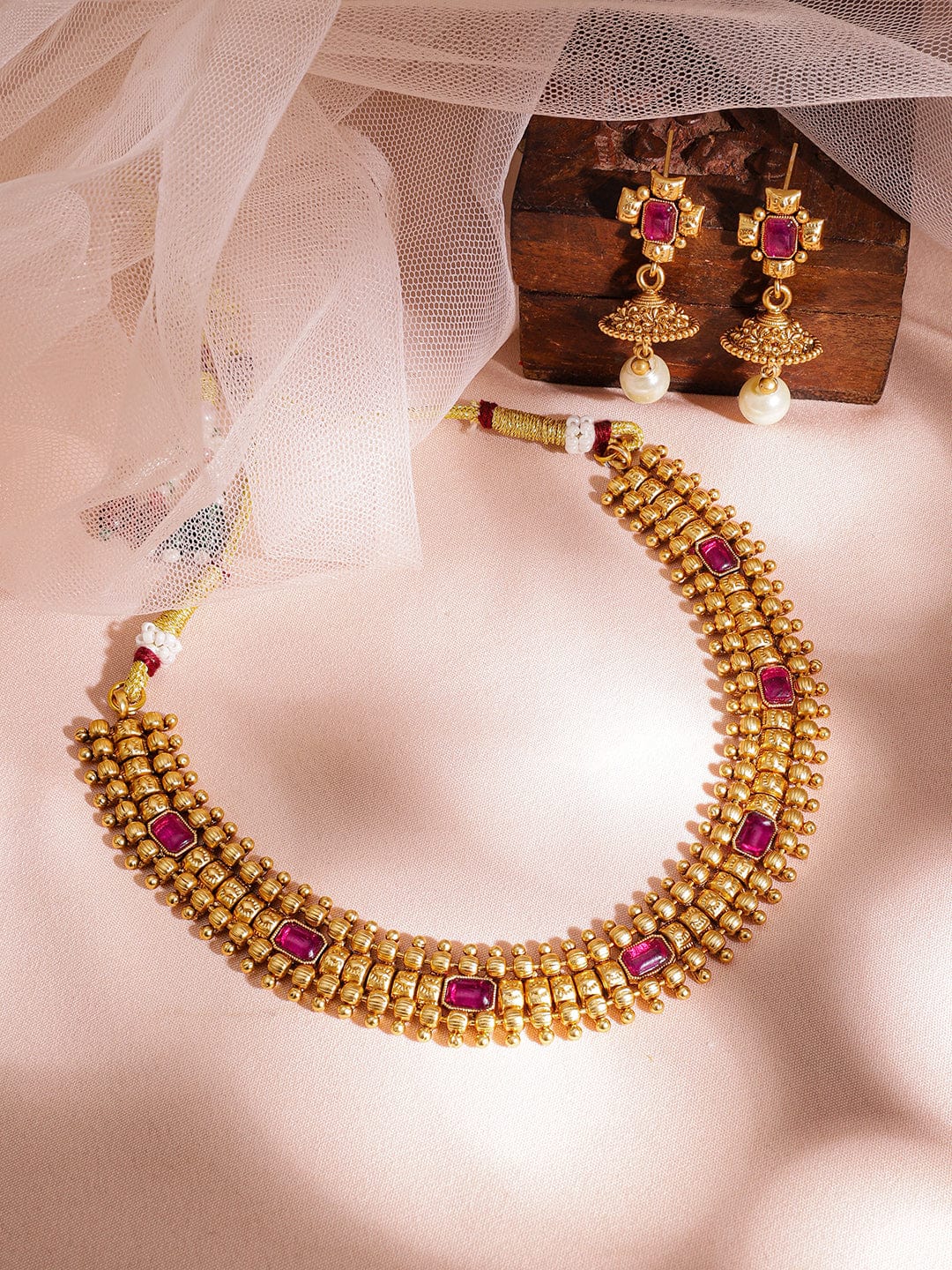 Gold-Plated Stone-Studded  Pearl-Beaded Necklace Set Necklace Sets