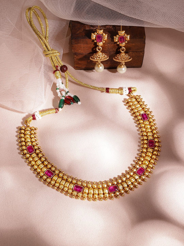 Gold-Plated Stone-Studded  Pearl-Beaded Necklace Set Necklace Sets