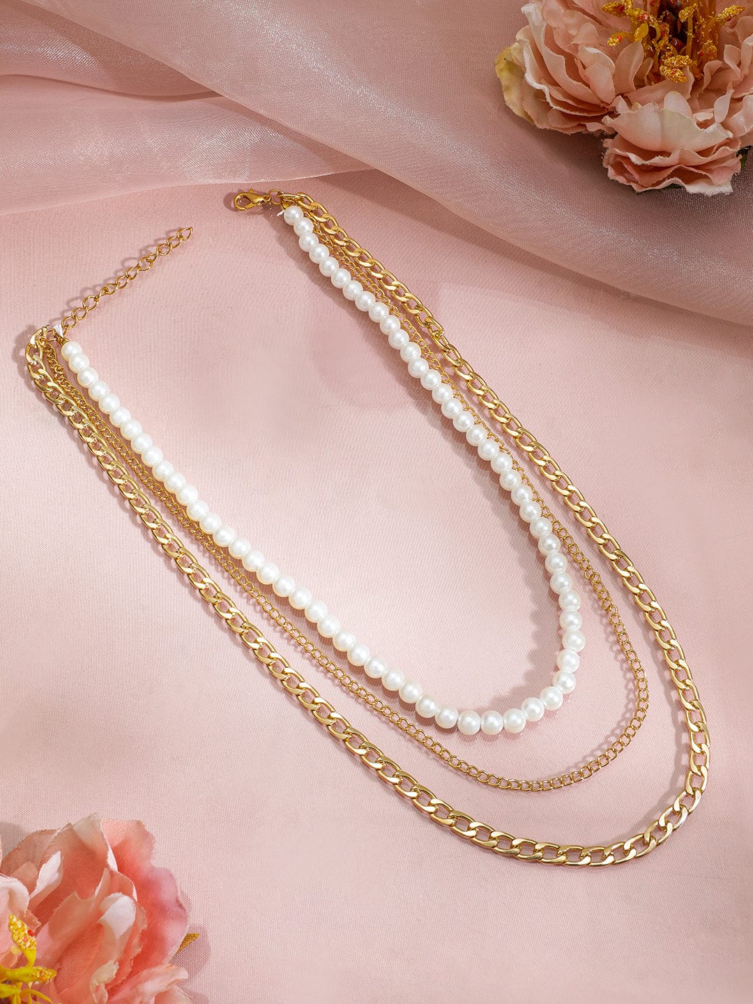 Gold Plated White Beaded & Link Chain 3 Layered Neckalce Chain & Necklace