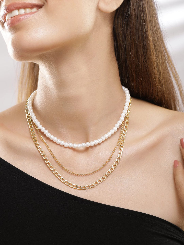 Gold Plated White Beaded & Link Chain 3 Layered Neckalce Chain & Necklace