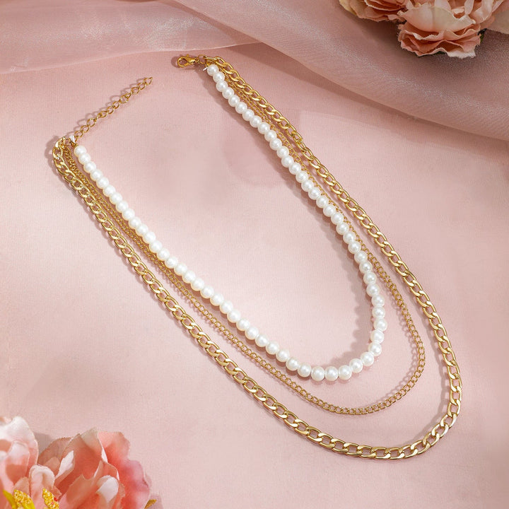 Gold Plated White Beaded & Link Chain 3 Layered Neckalce Chain & Necklace