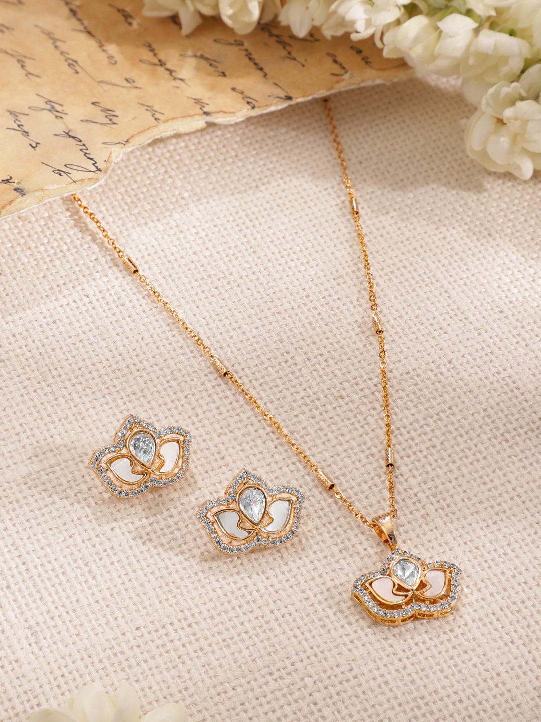 Gold-Plated  White CZ Stone Studded Jewellery Set Jewellery Set