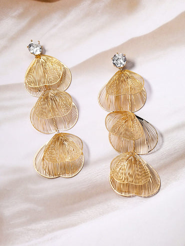 Gold-Plated Wire Mesh Layered Petal Dangle Earrings with Crystal Studs Drop Earrings