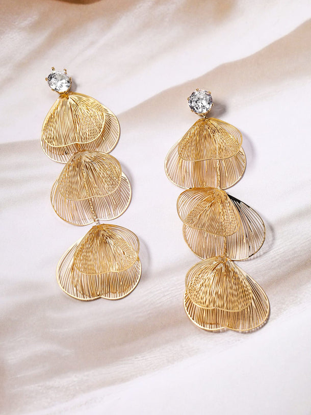 Gold-Plated Wire Mesh Layered Petal Dangle Earrings with Crystal Studs Drop Earrings