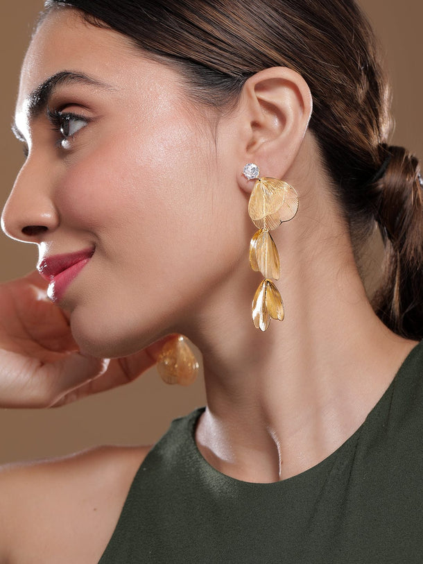 Gold-Plated Wire Mesh Layered Petal Dangle Earrings with Crystal Studs Drop Earrings