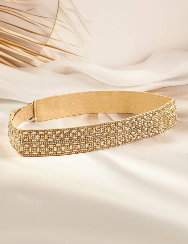 Gold-Tone Crystal Zirconia Studded Adjustable Waist Belt with Geometric Block Design Belt