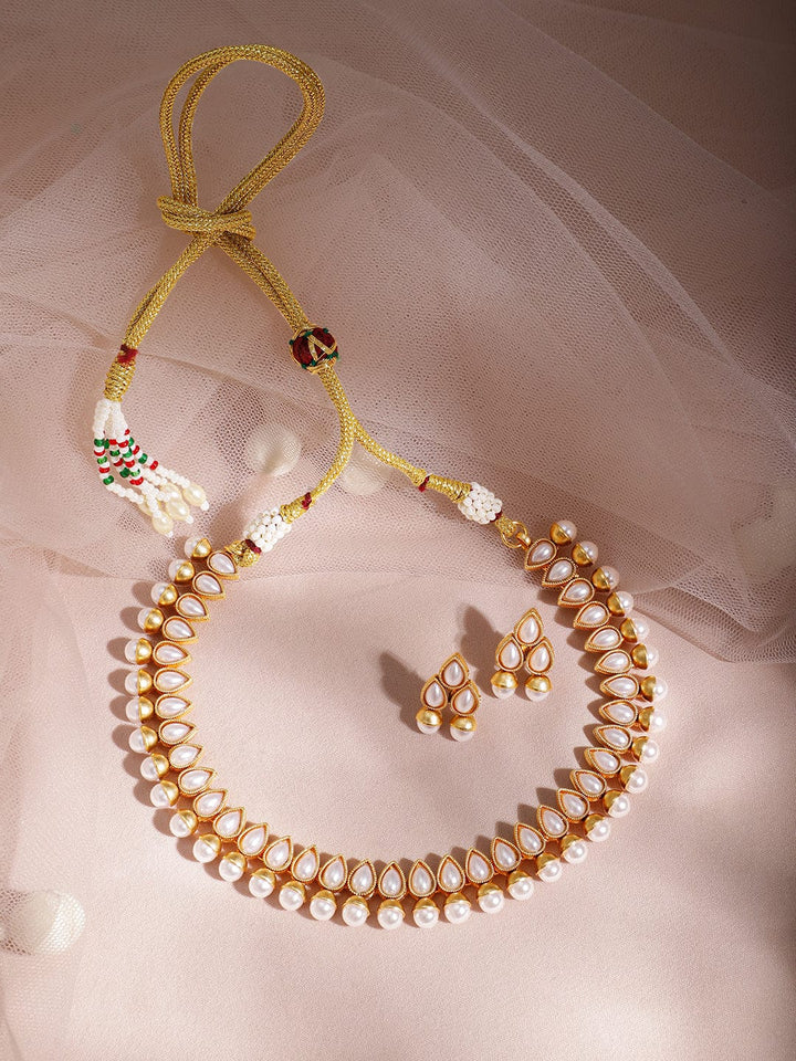 Gold Toned Brass White Beaded Floral Necklace Set. Jewellery Set