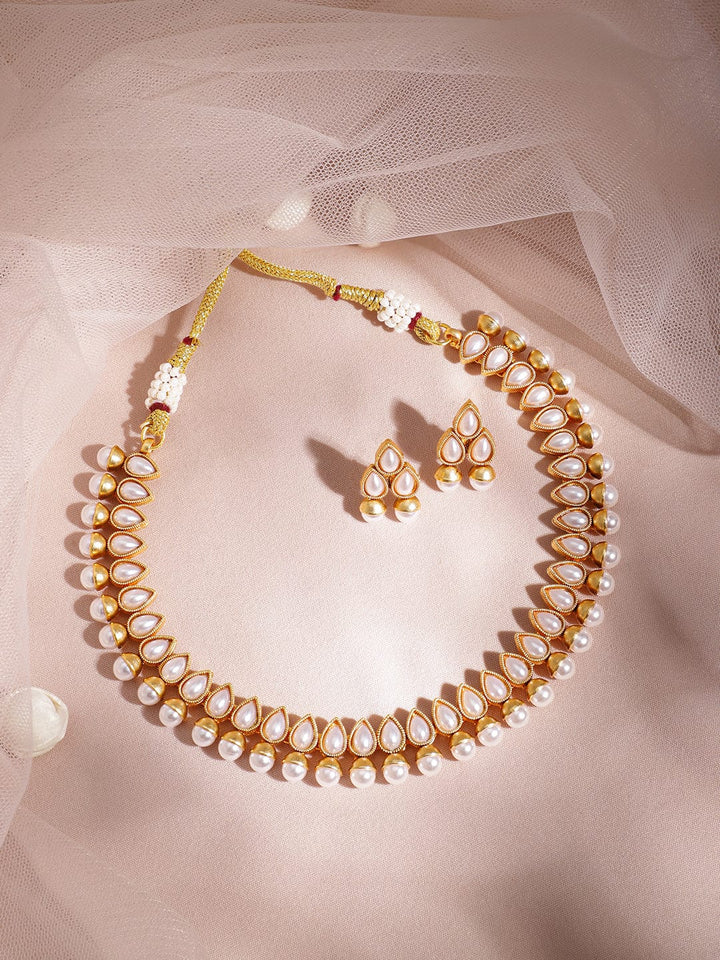 Gold Toned Brass White Beaded Floral Necklace Set. Jewellery Set