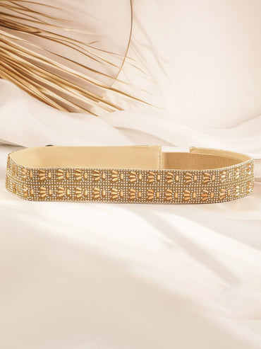 Gold-Toned Crystal Zirconia Studded Adjustable Waist Belt with Fabric Base Belt
