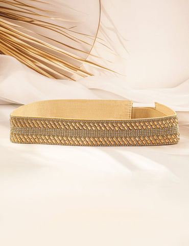 Gold-Toned Crystal Zirconia Studded Adjustable Waist Belt with Fabric Base Belt