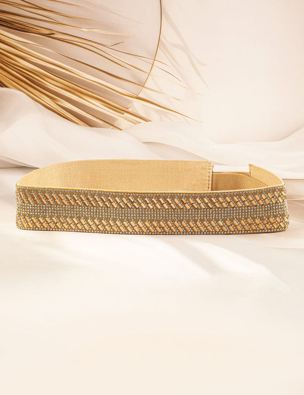 Gold-Toned Crystal Zirconia Studded Adjustable Waist Belt with Fabric Base Belt