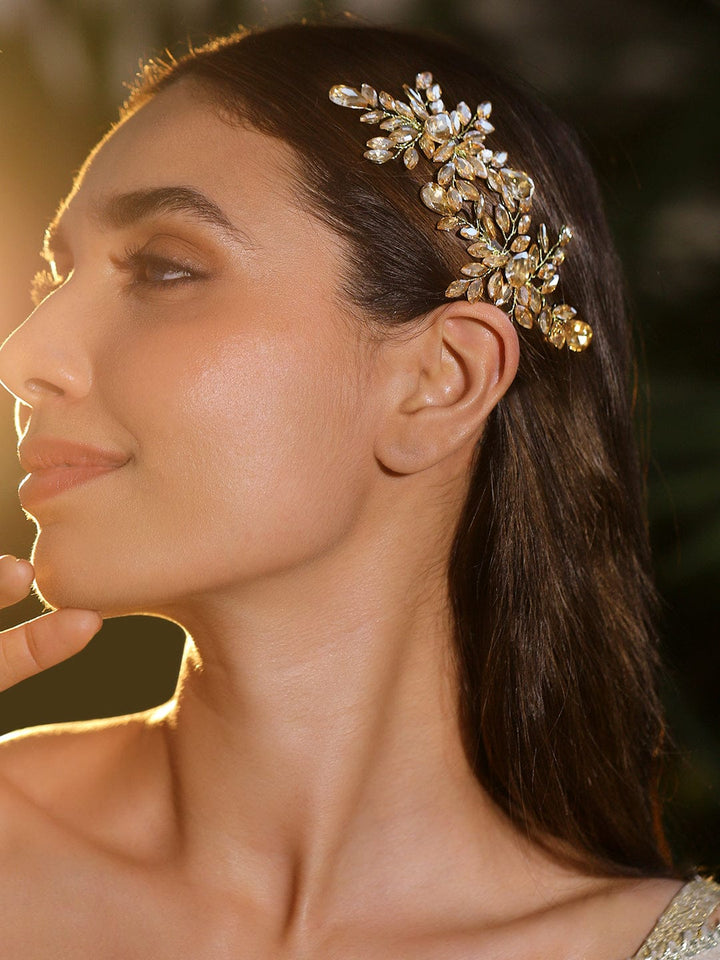 Golden Crystal Leaf Side Hair Pin - set of 2 Head Jewellery