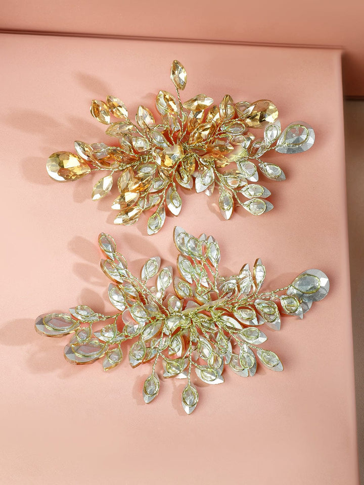 Golden Crystal Leaf Side Hair Pin - set of 2 Head Jewellery