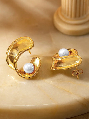 Golden Curves of Grace with Pearl Studs Earrings