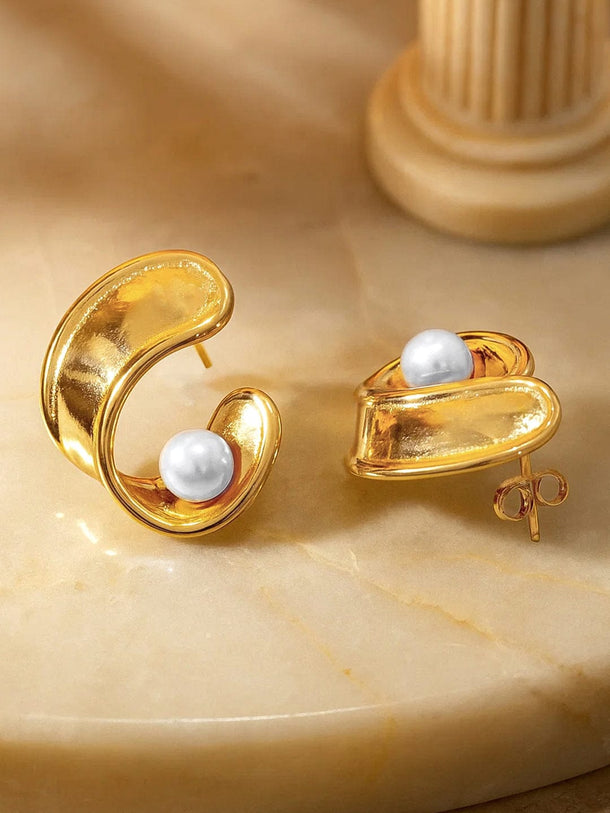 Golden Curves of Grace with Pearl Studs Earrings