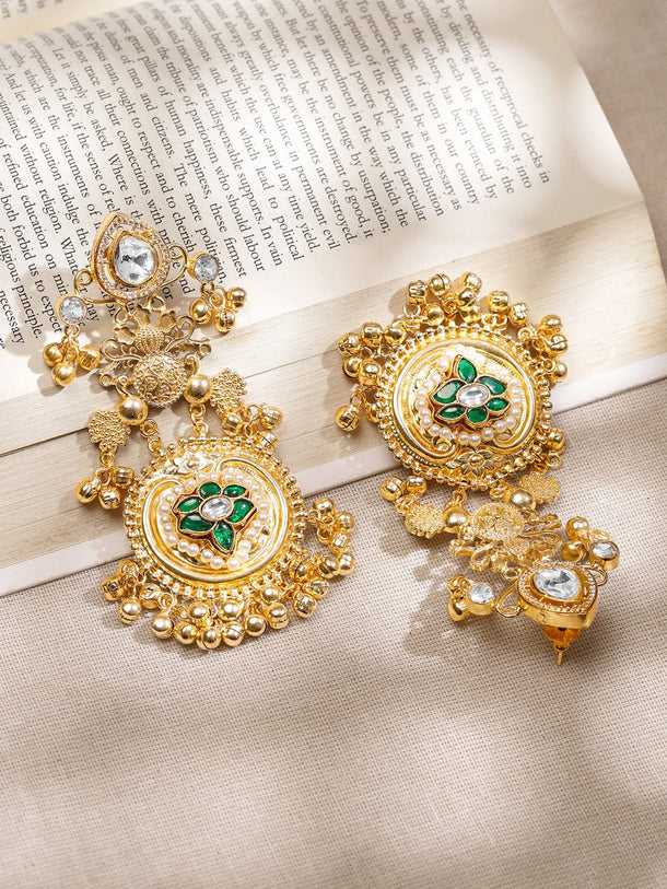 Golden Grace Green Floral Statement Danglers Earrings