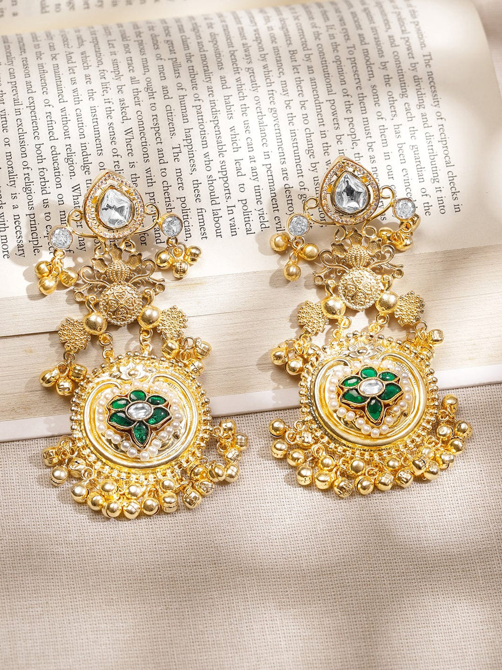 Golden Grace Green Floral Statement Danglers Earrings