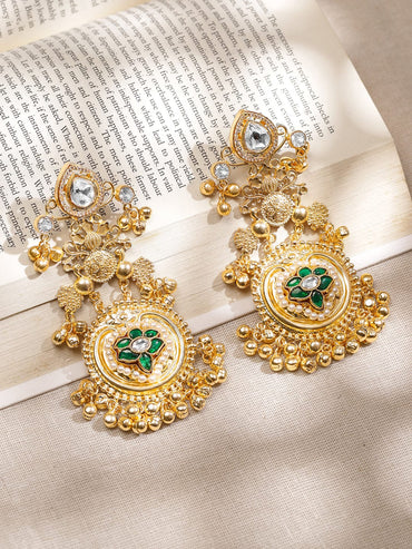 Golden Grace Green Floral Statement Danglers Earrings