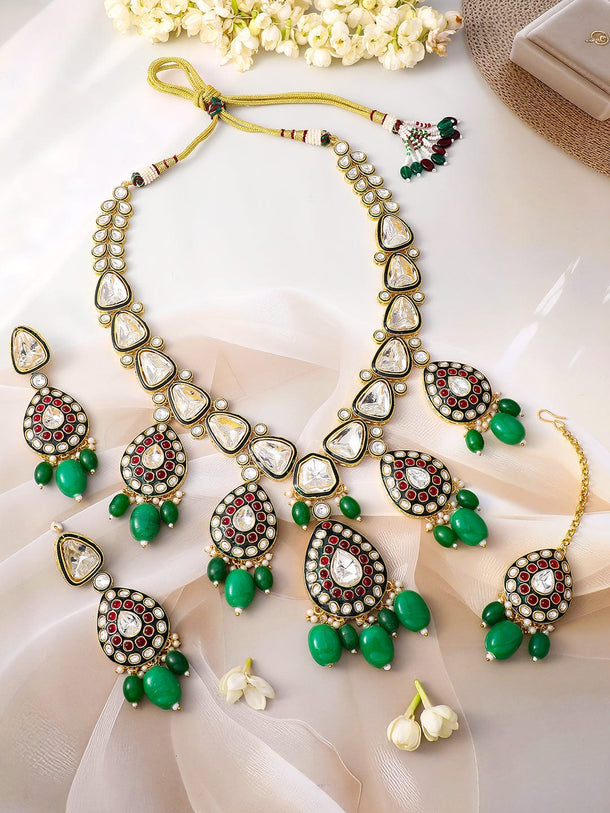 Grand Green & Pink Kundan Necklace Set Jewellery Set