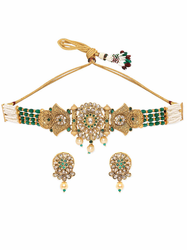 Green and White Beads Chain with Gold Beads and Stones Choker Set Jewellery Sets