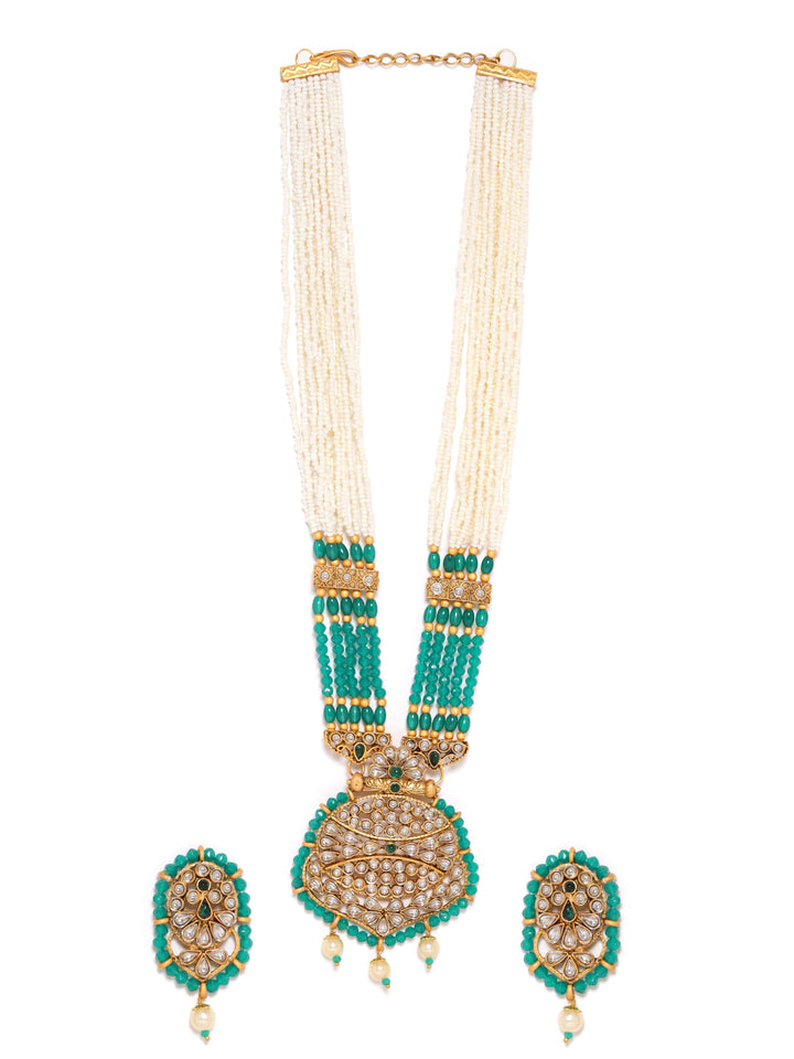 Green and White Beads Chain with Gold-Tone Pendant Adorned with Stones Necklace Set Jewellery Sets