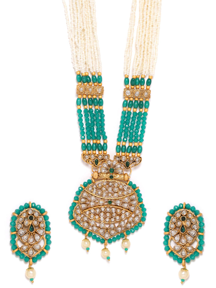 Green and White Beads Chain with Gold-Tone Pendant Adorned with Stones Necklace Set Jewellery Sets