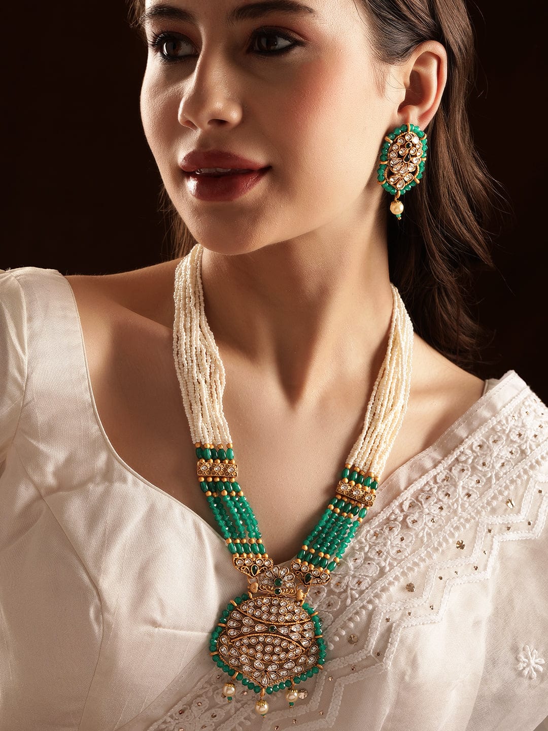 Rubans Gilded Delight with Red and Green Stones in Long Necklace Set