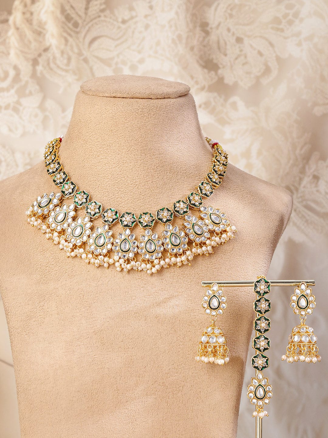 Green Enamel Kundan Necklace Set Jewellery Set
