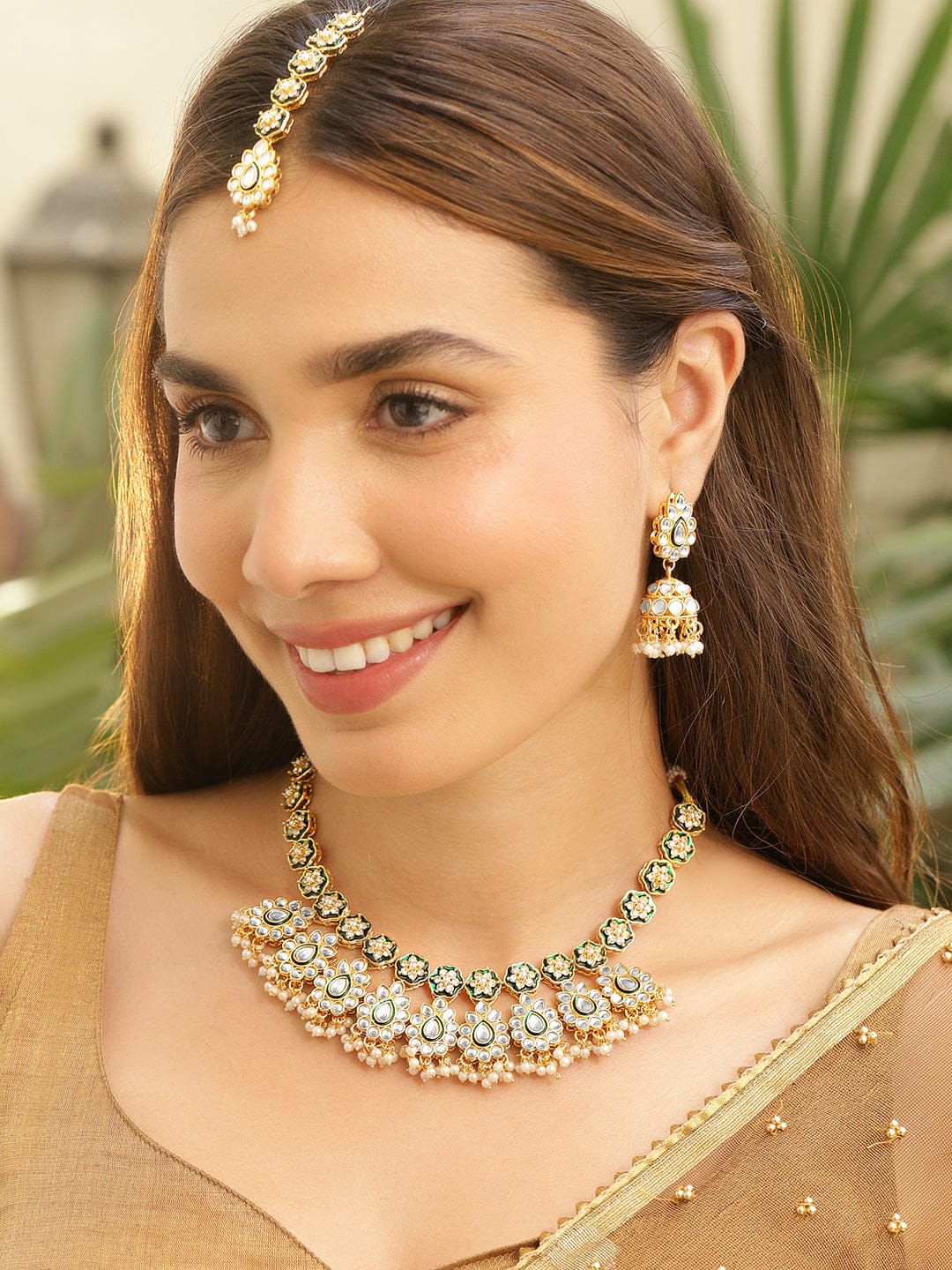 Green Enamel Kundan Necklace Set Jewellery Set
