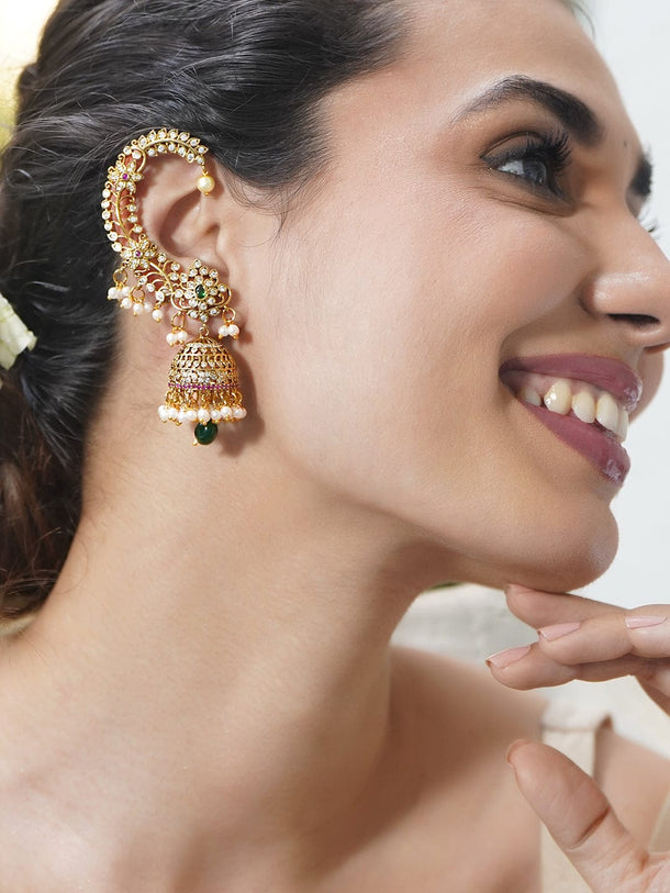 Green-Pink & White Hues Earcuff Jhumka Earrings