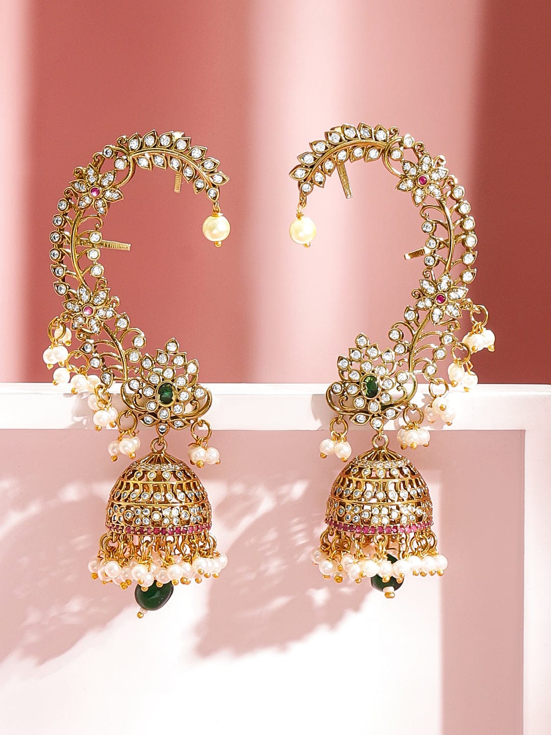 Green-Pink & White Hues Earcuff Jhumka Earrings
