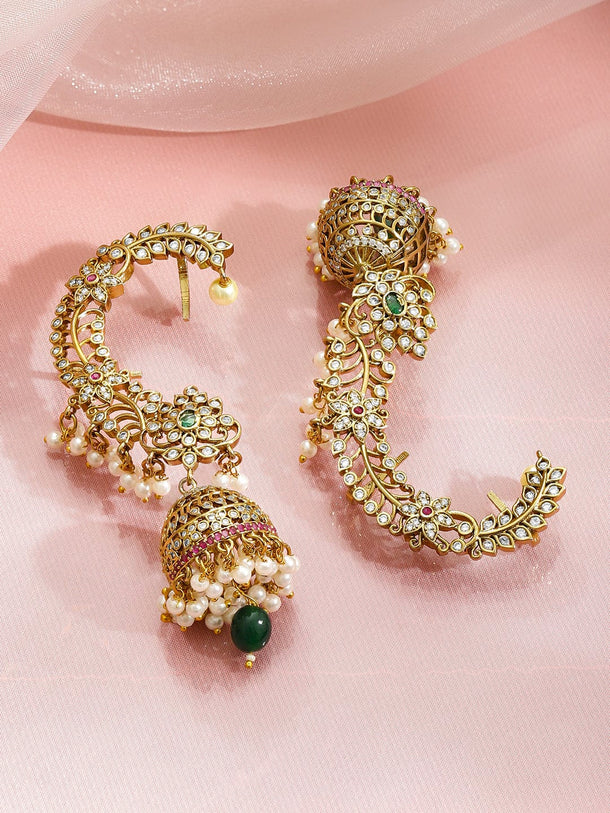 Green-Pink & White Hues Earcuff Jhumka Earrings