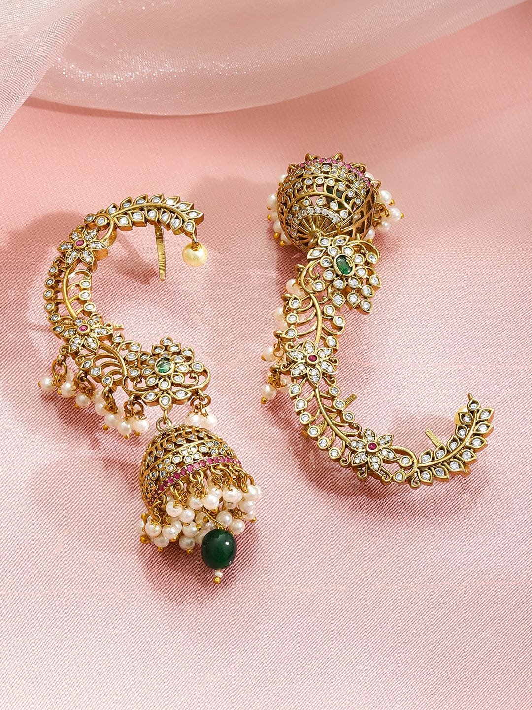 Green-Pink & White Hues Earcuff Jhumka Earrings