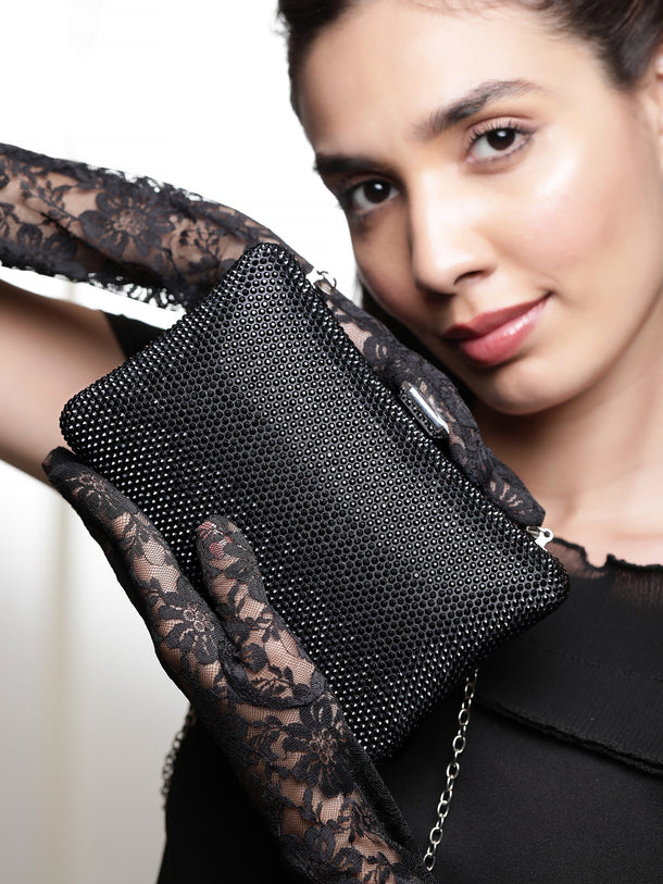 Grey Coloured Embellished Zirconia Crystals Lavish Clutch Handbag Handbag, Wallet Accessories & Clutche